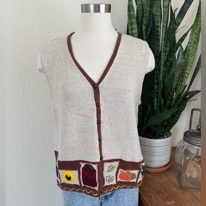 Vintage Fall Embroidered Vest Ramie Cotton Cozy Pumpkin‎ Leaf Style large